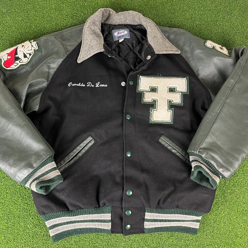 Vintage Neff Black Wool Leather Quilted Lettermen Bomber Varsity Jacket L